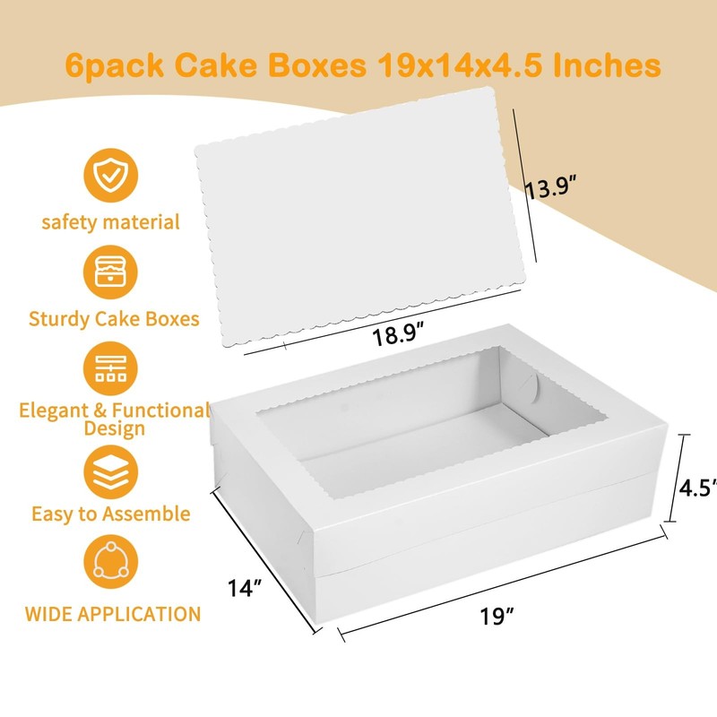 White Bakery Cake Box With Large Window Board Container 6 PCS 19x14x4.5 Inch gallery