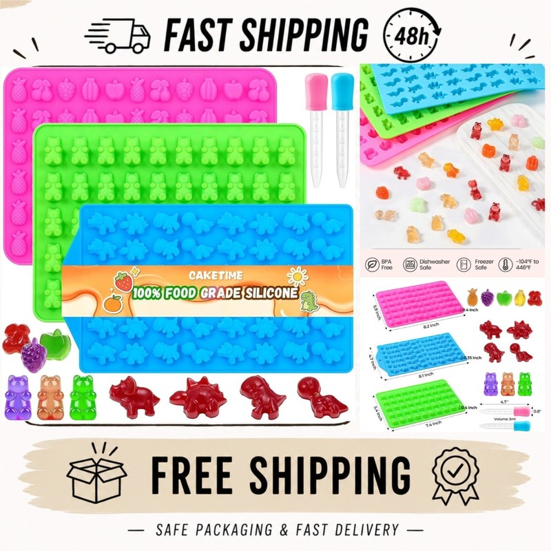 Silicone Gummy Bear Chocolate Molds 3 Pack with 2 Droppers