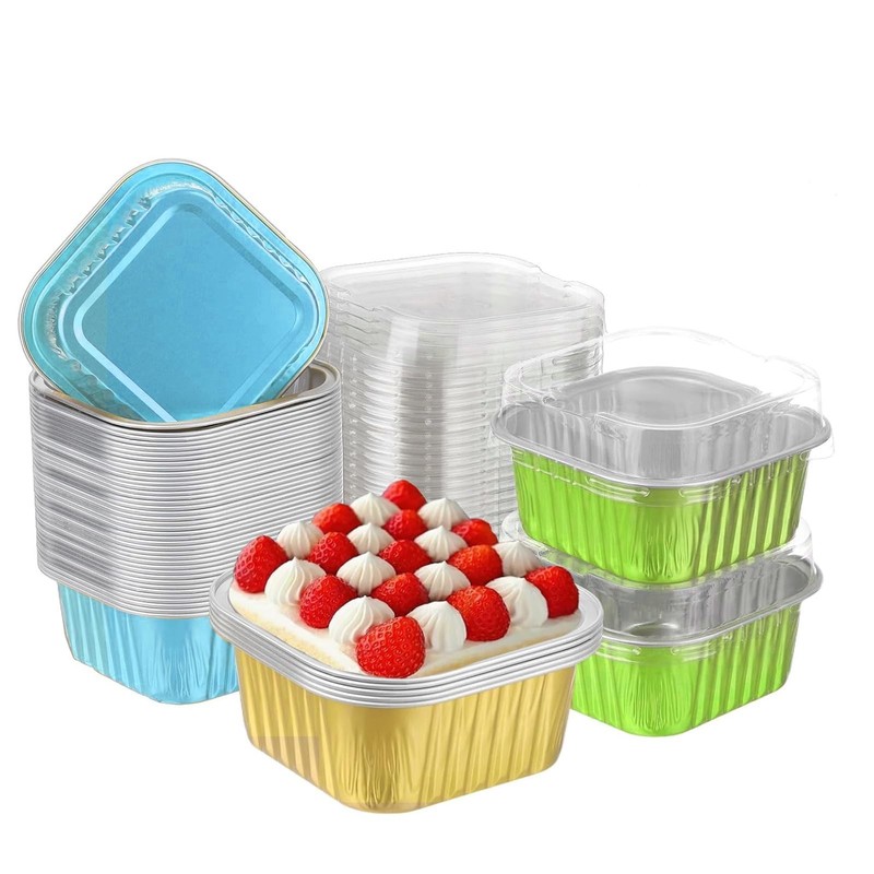 100 PCS Mini Square Baking Cups with Lids,Aluminum Foil Mini Cake Pans with L…