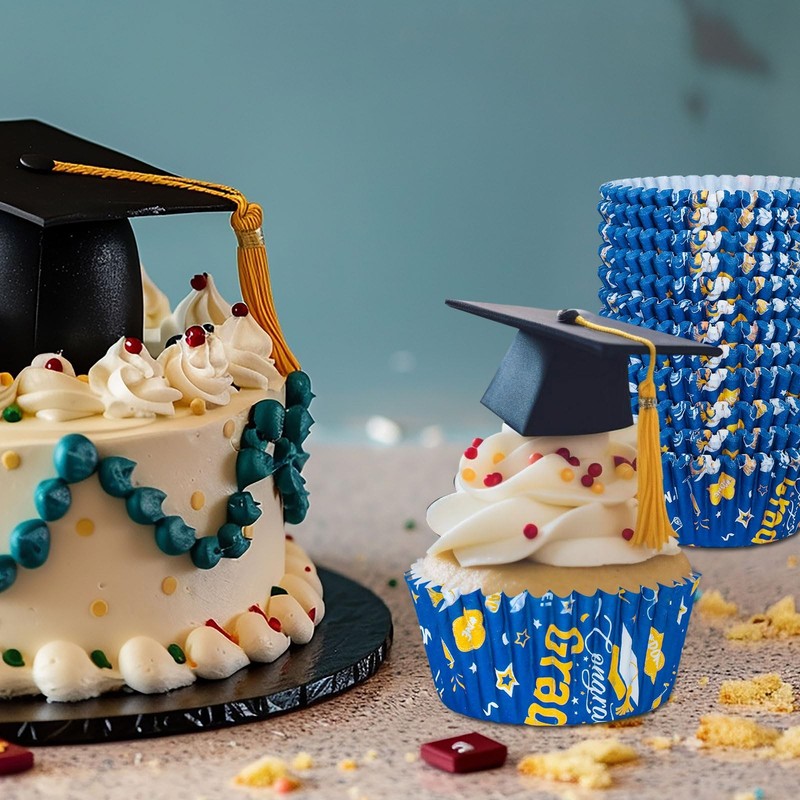 300 PCS Graduation Cupcake Liners Congrats Grad Paper Baking Cups Blue Gold gallery