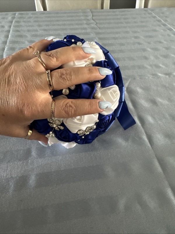 Bouquet Bridal Holding Wedding Bouquet Royal Blue, And White W/ Jewels & Pearl gallery