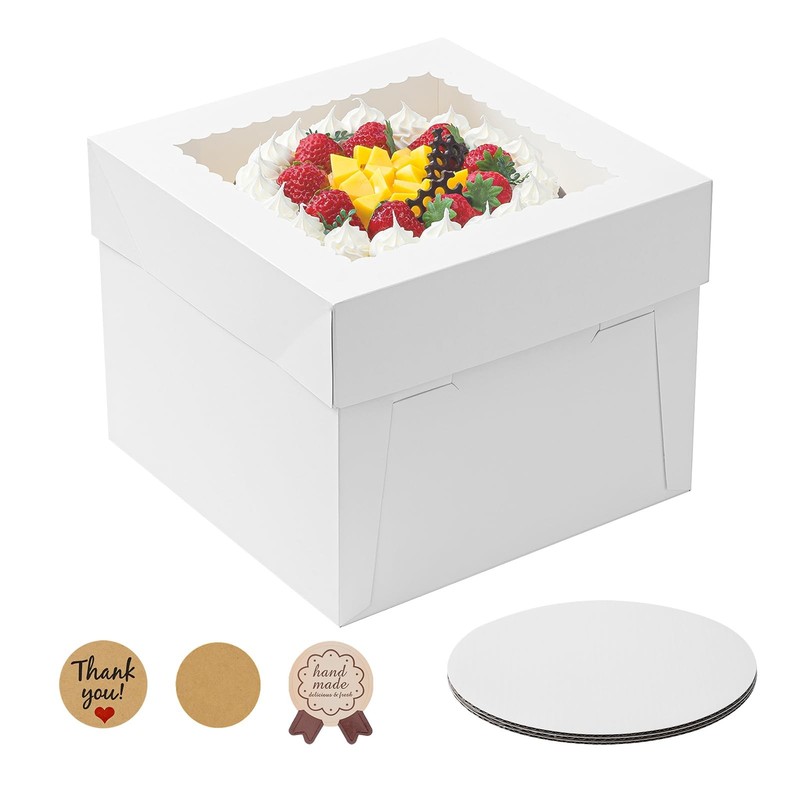 5 Pack Cake Boxes, 10x10x8 Inches Tall Cake with Cake Boards, White Bakery Bo…
