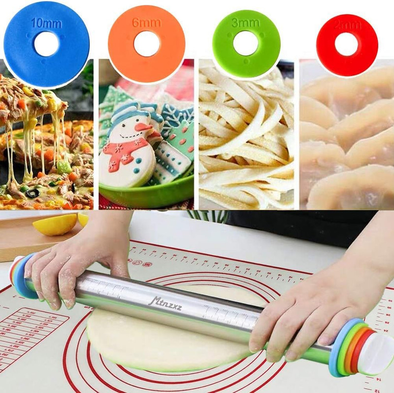 Rolling Pin and Silicone Baking Pastry Mat Set, Stainless Steel Dough Roller, Ro gallery