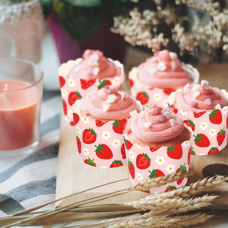 Strawberry Paper Baking Cups 100 PCS Pink Red Scalloped Muffin Wrappers gallery