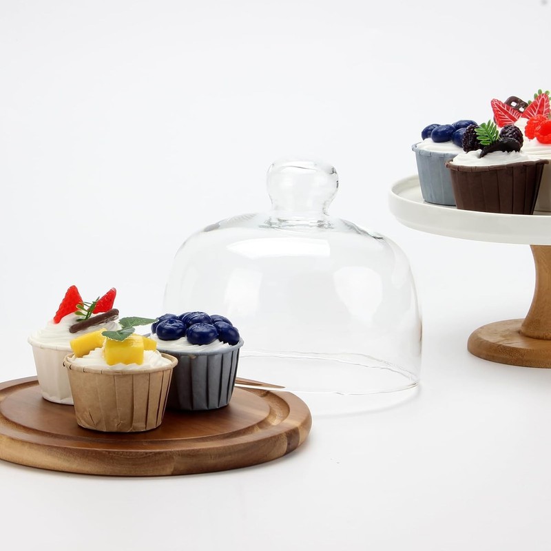 8.6''Cake Stand with Glass Dome, 2-in-1 Acacia Wood Cheese Cupcake Decorative... gallery
