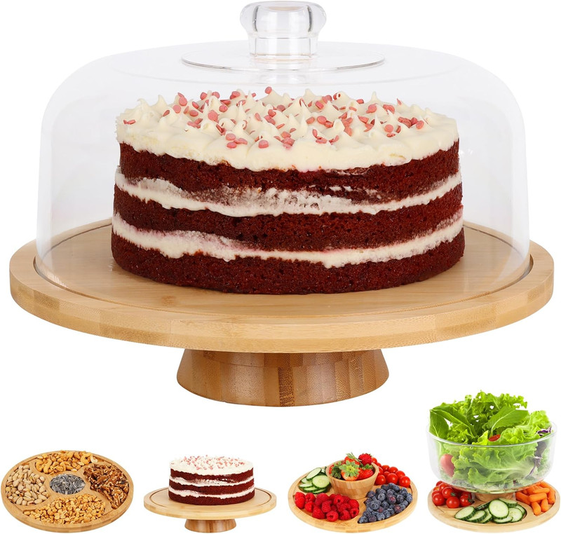 6 in 1 Large Bamboo Wood Cake Stand with Lid – Multiuse Wooden Cake Stand with D