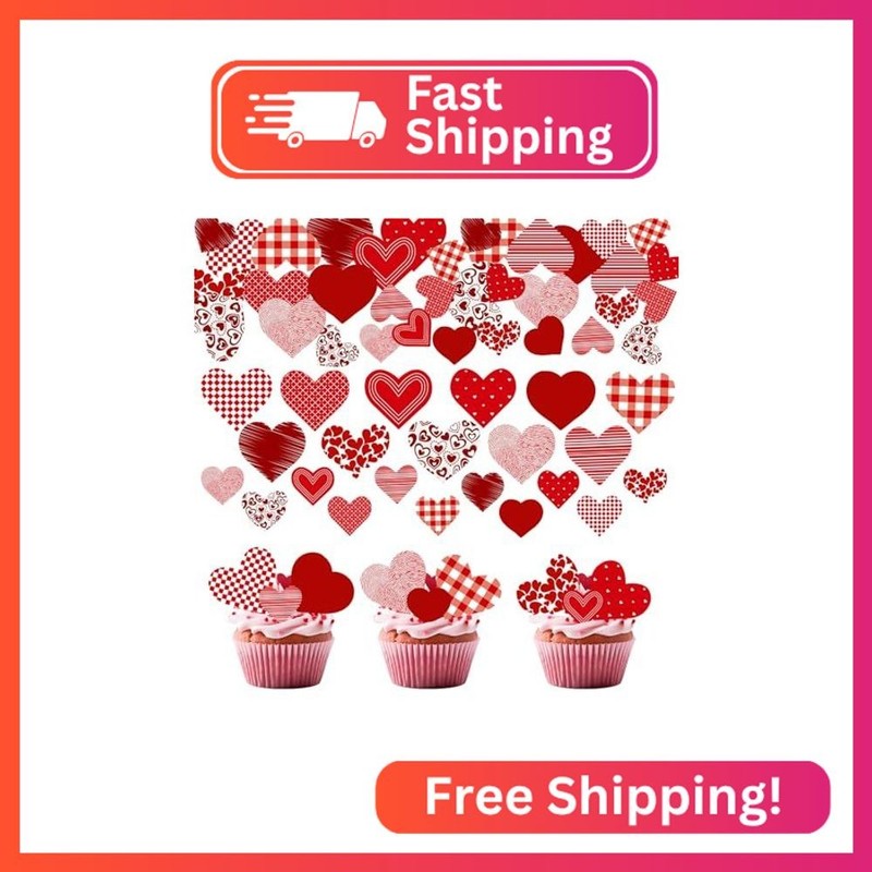 Fyeoxle 88PCS Edible Valentines Day Heart Cupcake Toppers Red Sweet Love Heart C