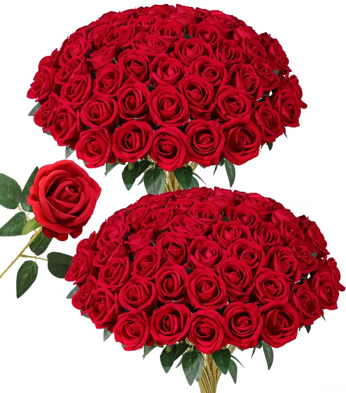 HyeFlora 50 PCS Red Roses Artificial Flowers, Fake Roses with Stems Realistic Si