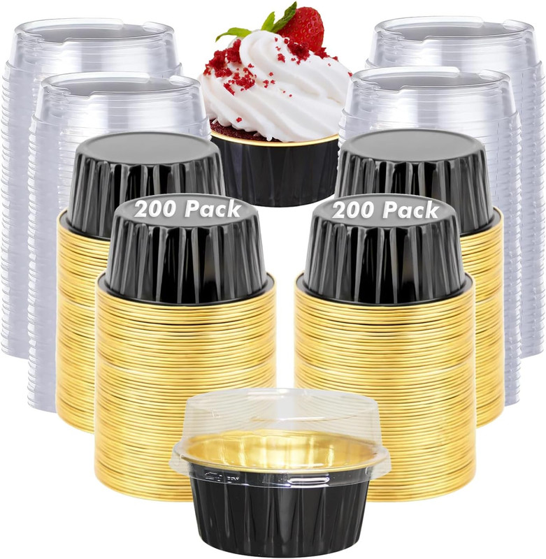 200 Pcs Black Gold 5 OZ Aluminum Foil Baking Cups with Lids 5 round Disposable B
