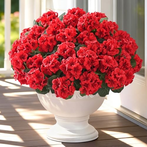 8 Bundles Artificial Flowers for Outdoors, Realistic Geraniums Fake 8 Pack Red gallery