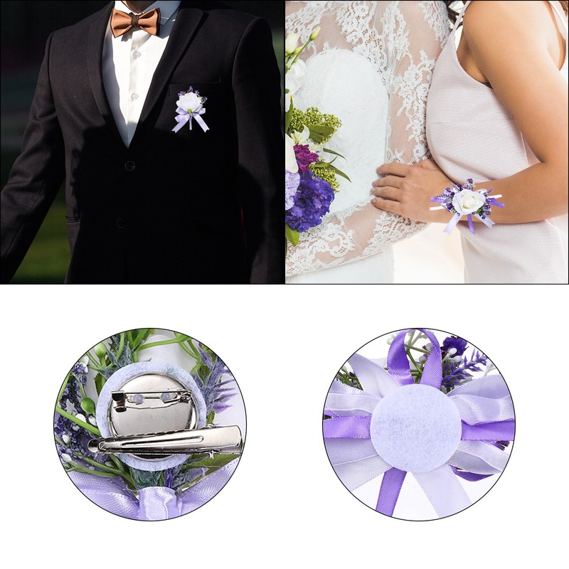 4 Pack Artificial Rose Wrist Corsage and Boutonnieres Set, White and Purple gallery