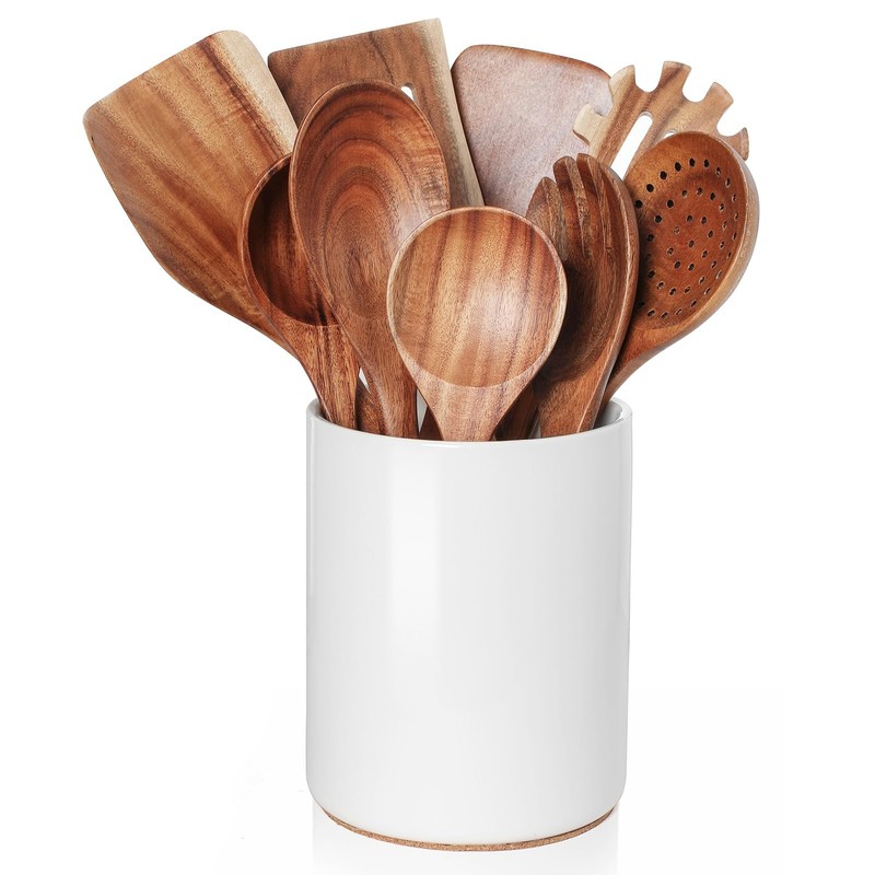 Nucookery Wooden Cooking Utensils Set with Holder, Nonstick Wooden Spoons for…