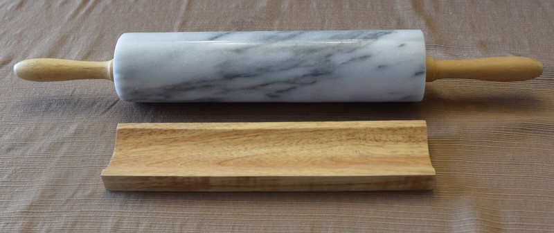 VINTAGE 18" MARBLE ROLLING PIN with WOODEN CRADLE STAND & WOOD HANDLES EUC! gallery