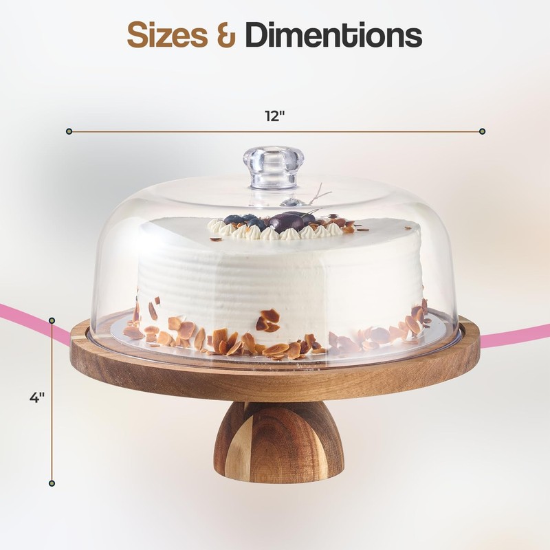 Acacia Wood Cake Stand with Lid – 12 Inch Round Dessert Holder, 2-in-1 Cake S... gallery