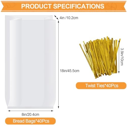 70 Pack Bread Bags & 100 Pack Ties, 8" x 4" x 18" Clear Bread Bags for gallery