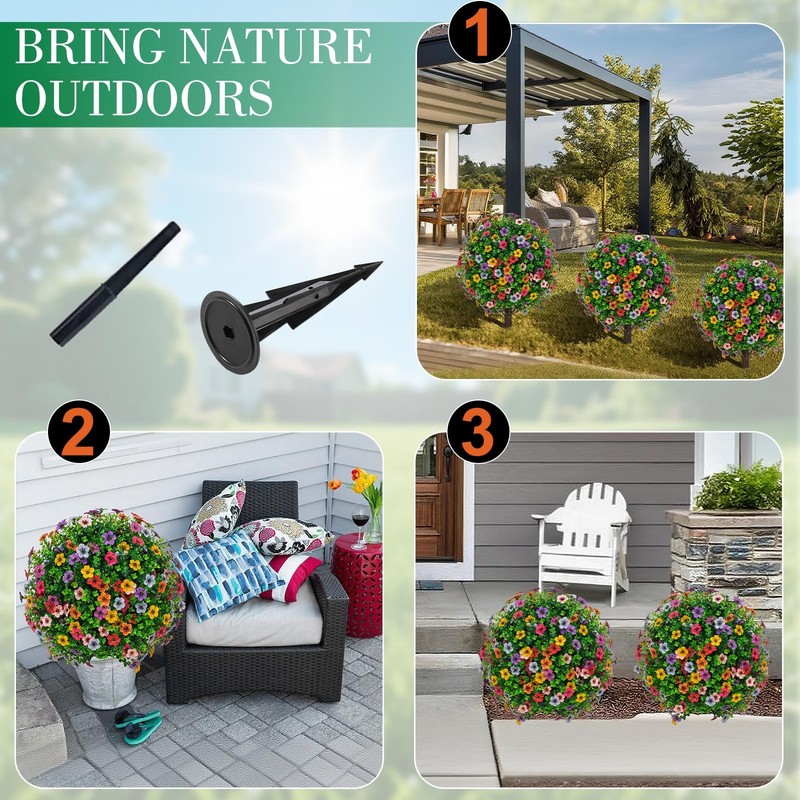23" Artificial Boxwood Topiary Ball Trees with Colorful Flowers, Set of 2 UV Res gallery