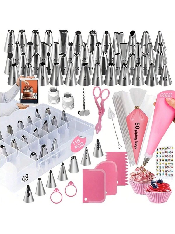116 pcs Cake Decorating Supplies Set, Includes 55 Piping Tips, 50 Piping Bags, 3