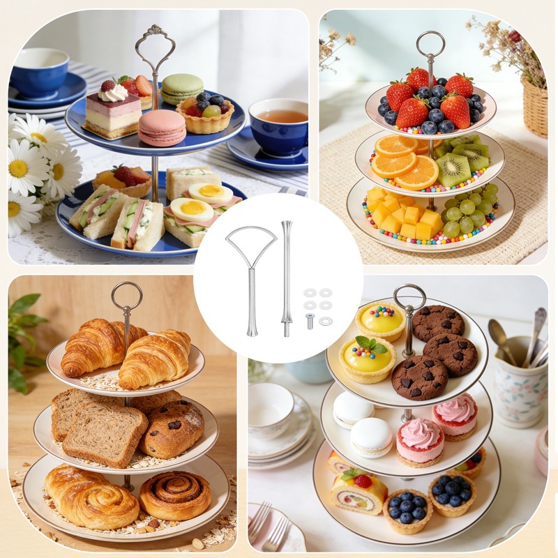 Cake Tray Stand Handle 2-Tier Dessert Plate Hardware Fittings Silver] gallery