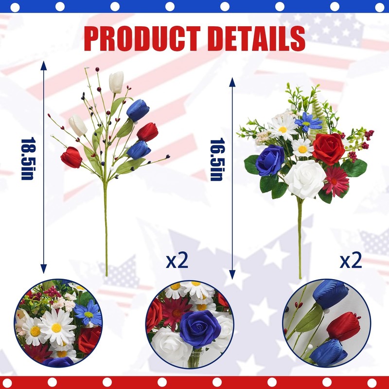 Succwoah 4Pcs Patriotic Artificial Flowers Mixed Bush Red White Blue Rose Tulip gallery