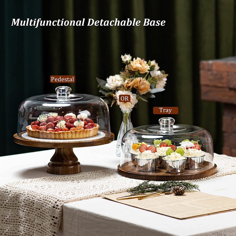 Cake Stand with Dome Lid, Acacia Wood Cake Plate with Cover, Wooden Cake Display gallery