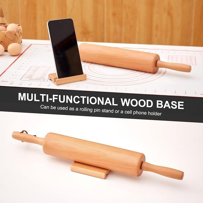 Wooden Rolling Pin W/ Handles Pastry Mat Stand Baking Dough Roller Kitchen Tool gallery