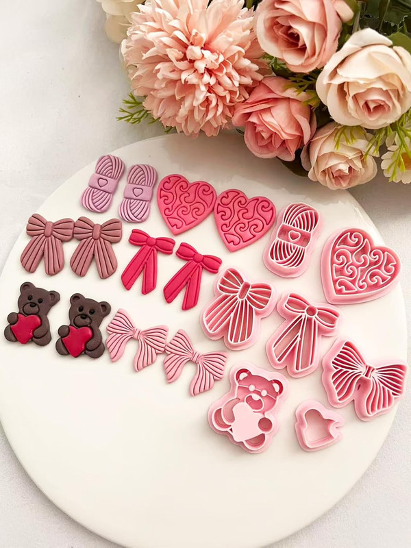 Valentines Polymer Clay Cutters Set- 7Pcs Heart & Love Bow, Bear, Mini Embossed gallery