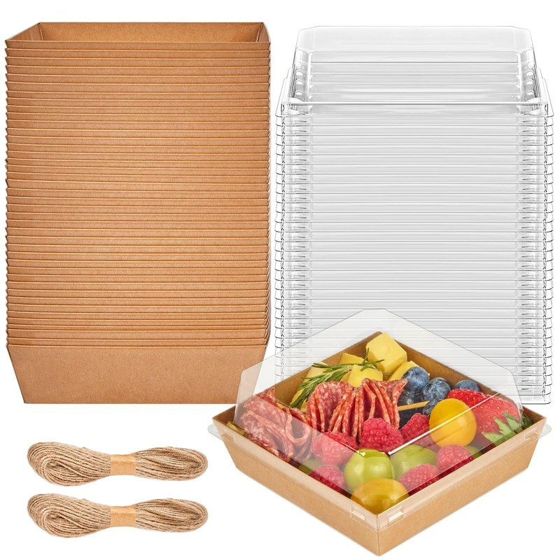 50 Pack 5 Inch Paper Charcuterie Boxes with Clear Lids, Square To Go Cake Sli...