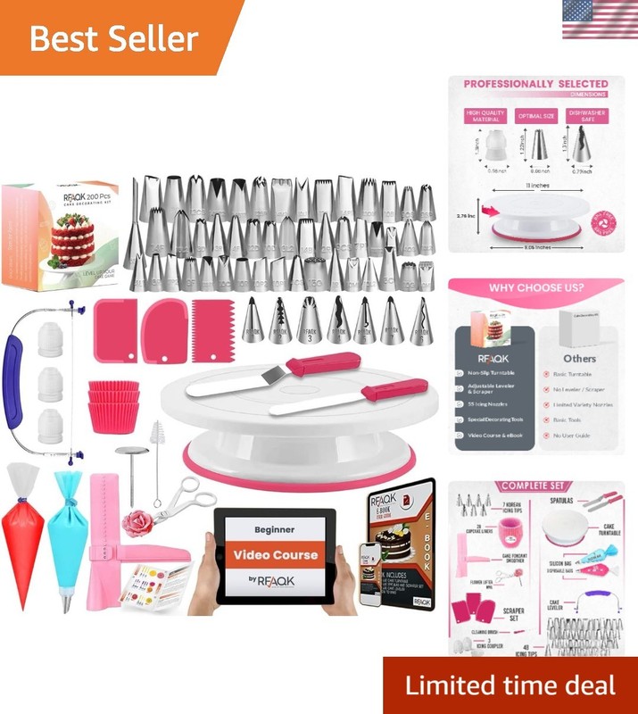 Professional Cake Decorating Set: 200PC Kit with Turntable & Video Course