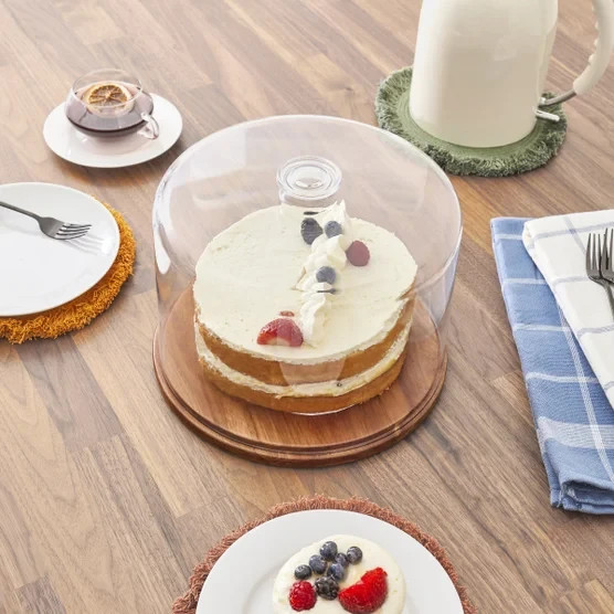 CAKE PLATE HOLDER WITH DOME WOODEN DISPLAY WITH LID COVER DESSERT CAKEDOME NEW ~ gallery