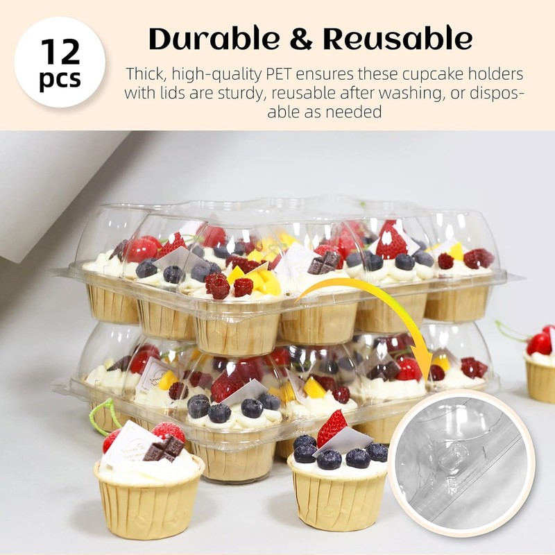 12-Pack Stackable Plastic Cupcake Containers with Lids, Clear Reusable Dessert gallery