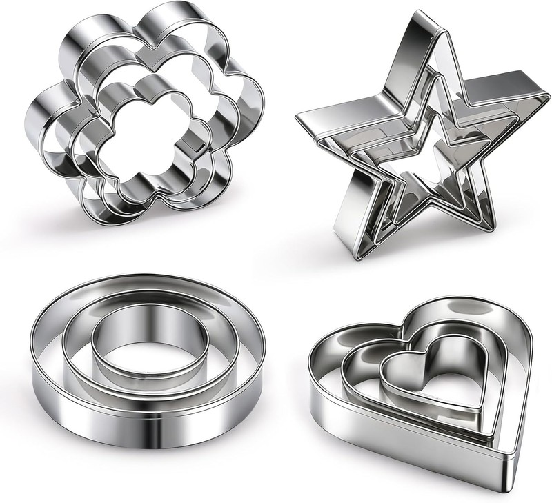 12 Pcs Stainless Steel Cookie Cutters: Heart, Flower, Round & Star Shapes