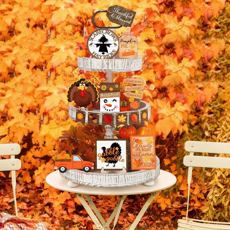 15 Pcs Thanksgiving Tiered Tray Decorations Set Fall Orange gallery
