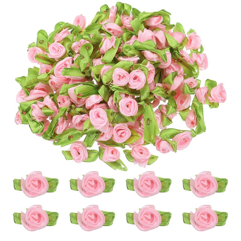 100 Pcs Mini Ribbon Roses Flowers Bows for Crafts, 15mm/0.6" Dia, Pink