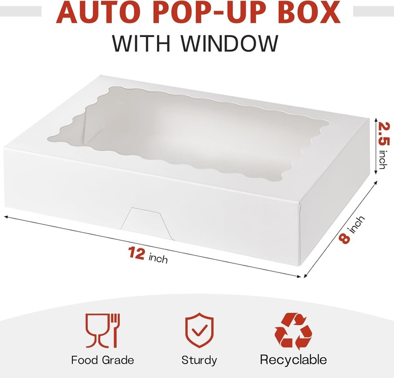 30 Pack Auto Pop-up Cookie Boxes with Window, 12" x 8" x 2.5" White Bakery Bo... gallery