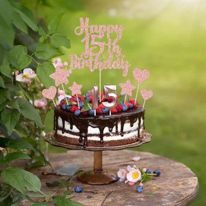 15Pcs Happy 15th Birthday Cake Topper Set with Heart Star Glitter Cheers to 15 gallery