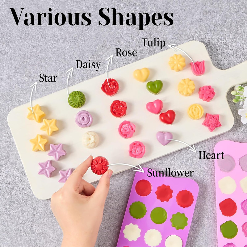 6 Pcs Flower Silicone Chocolate Molds Set, 15-Cavity Rose Heart Star Candy Mold gallery