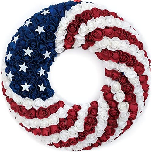 18Inch Patriotic Roses Wreath, 4th of July Summer Soft Touch Foam 18" Round gallery