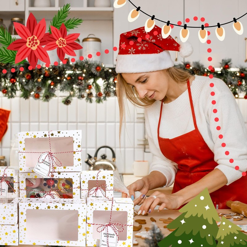 24 PCS Christmas Bakery Boxes Window 4/6/9 Inch Gold Foil Star Candy Gift gallery