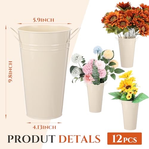 12 Pcs Galvanized Flower Bucket 9 Inch Metal Vase Farmhouse Rustic Beige gallery