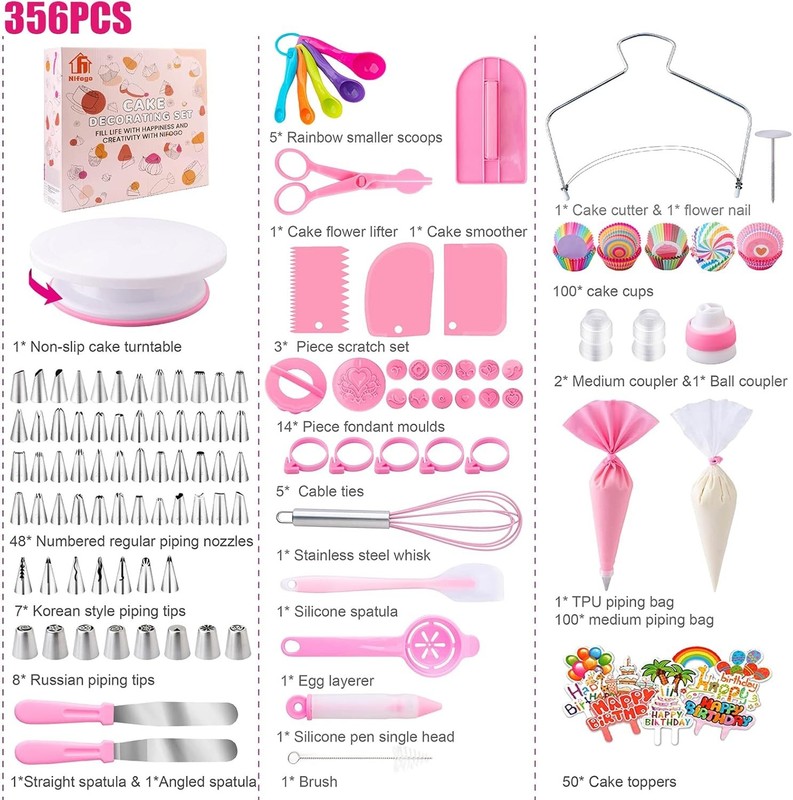 Cake Decorating Supplies Kit Tools 356pcs, Nifogo Baking Accessories Pink gallery