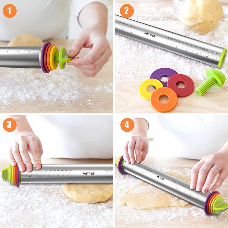 Stainless Steel Rolling Pin with Thickness Rings for Fondant, Pizza, Cookie, ... gallery