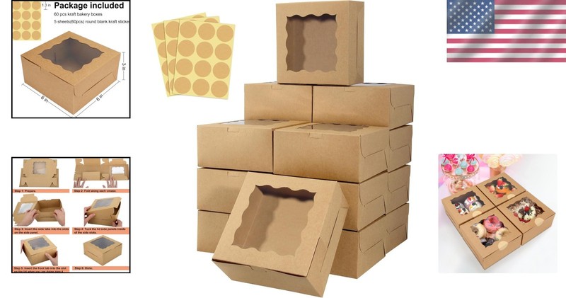 Bakery Boxes with Transparent Window - 60 Kraft Boxes, 6x6x3 for Elegant Gifting gallery