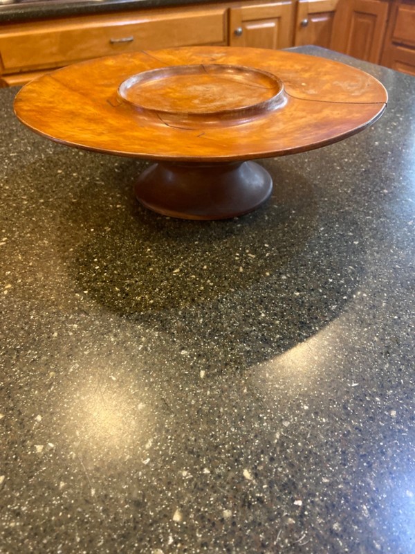 Antique wooden cake stand, hand carved with lazy susan, small Crack on lid