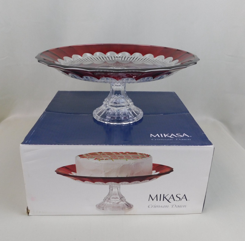 Mikasa Crimson Dawn 5084852 Crystal Glass 14.5″ Cake Plate Server #C359