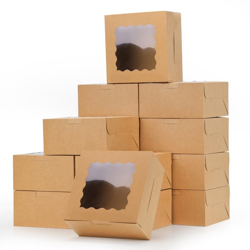 80pcs Brown Bakery Boxes with Window, 6x6x3 Inches Small Cookie Boxes for Tre…