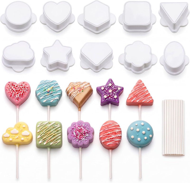 10 Pcs Cake Pop Molds Set with 100 Sticks, Large Cake Pop Cutter and Pusher, 10