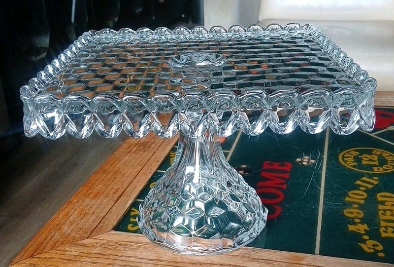 Vintage Fostoria? Clear Square Cake Stand Pedestal Plate