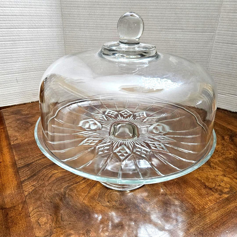 TWO IN ONE Vintage Glass 12” Pedestal Cake Plate w/Heavy Dome or Punch Bowl.