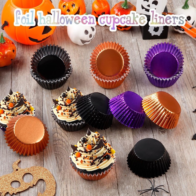 300PCS Halloween Foil Cupcake Liners Black Purple Orange Paper Mini Baking Cups gallery