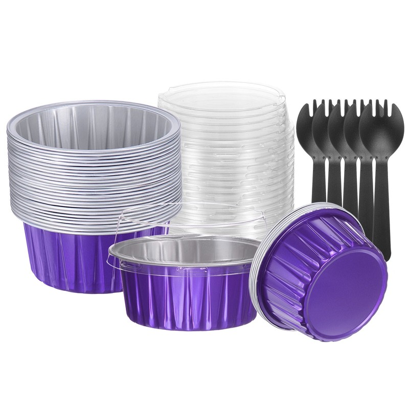 50pcs Cupcake Liners 5oz Aluminum Foil Baking Cups with Lids Forks, Purple